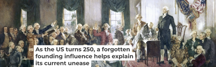 This painting depicts the Constitutional Convention in 1787. The Founding Fathers leaned on French philosopher Montesquieu as they designed the Constitution. GraphicaArtis/Archive Photos via Getty